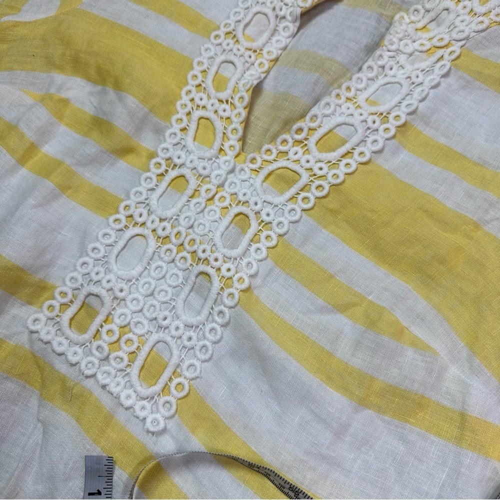 luxury linen charter club yellow stripe tunic sz small white crochet lace collar - Picture 7 of 7